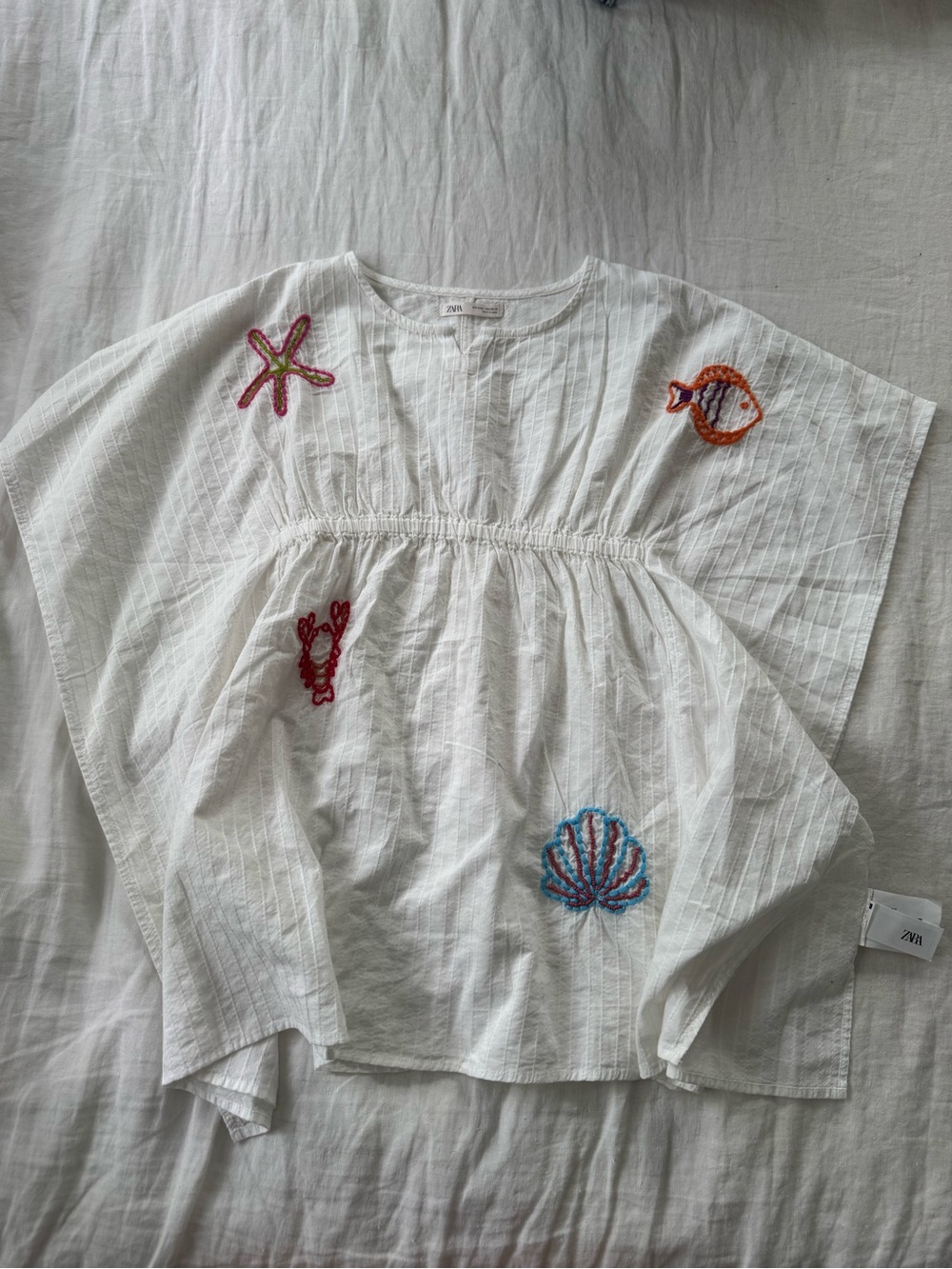 Zara White Kids Swim Coverup with Multicolor Sea Embroidery